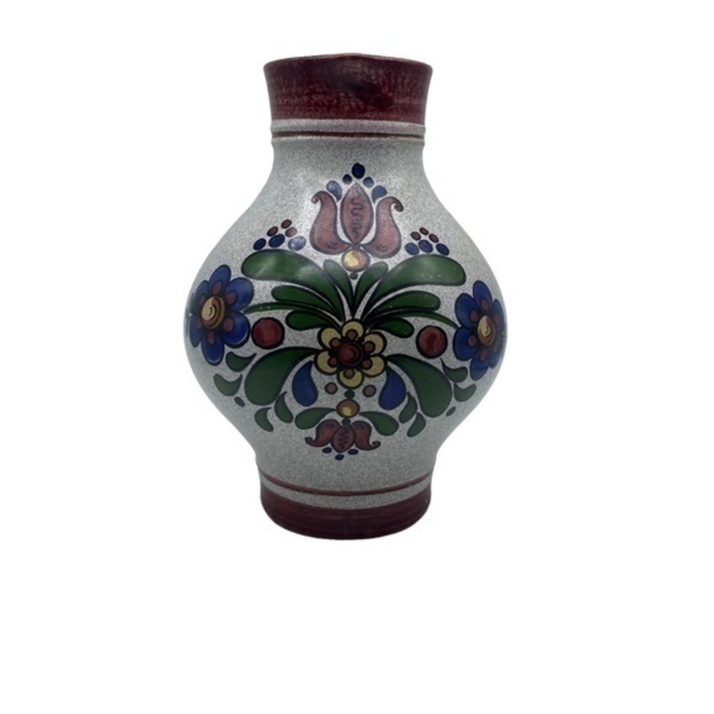 Vintage German Handprinted Floral Water Wine Pitcher Vase Signed